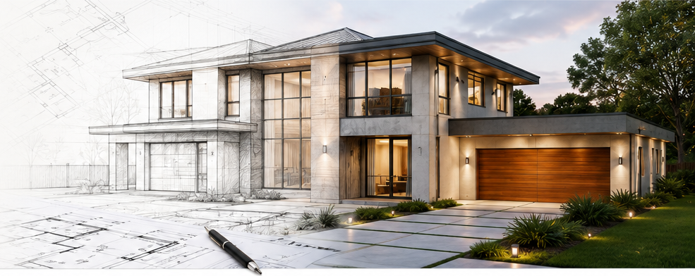Contemporary two-storey residence with double-height glazing and timber garage