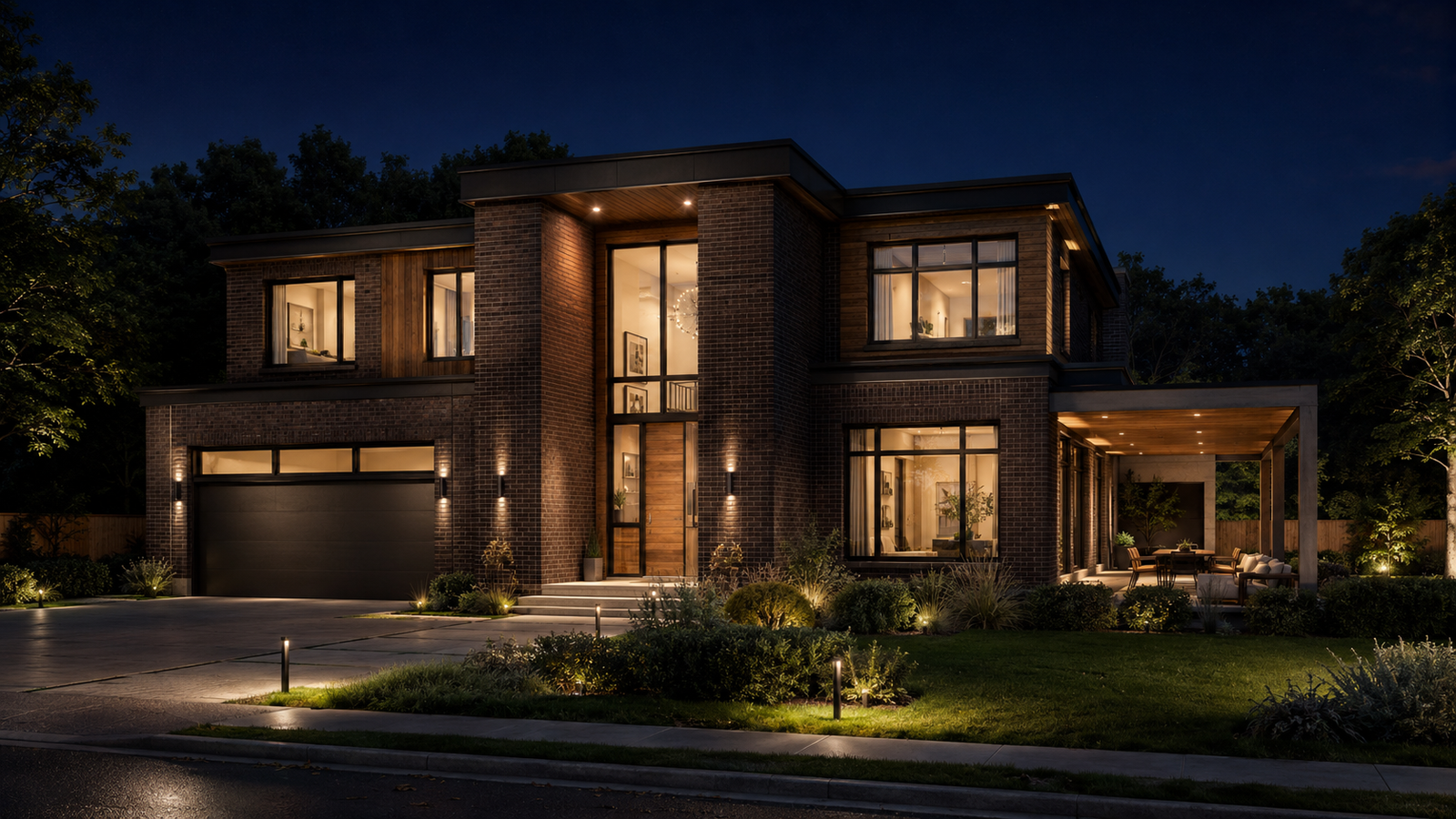 Contemporary brick residence exterior render at night
